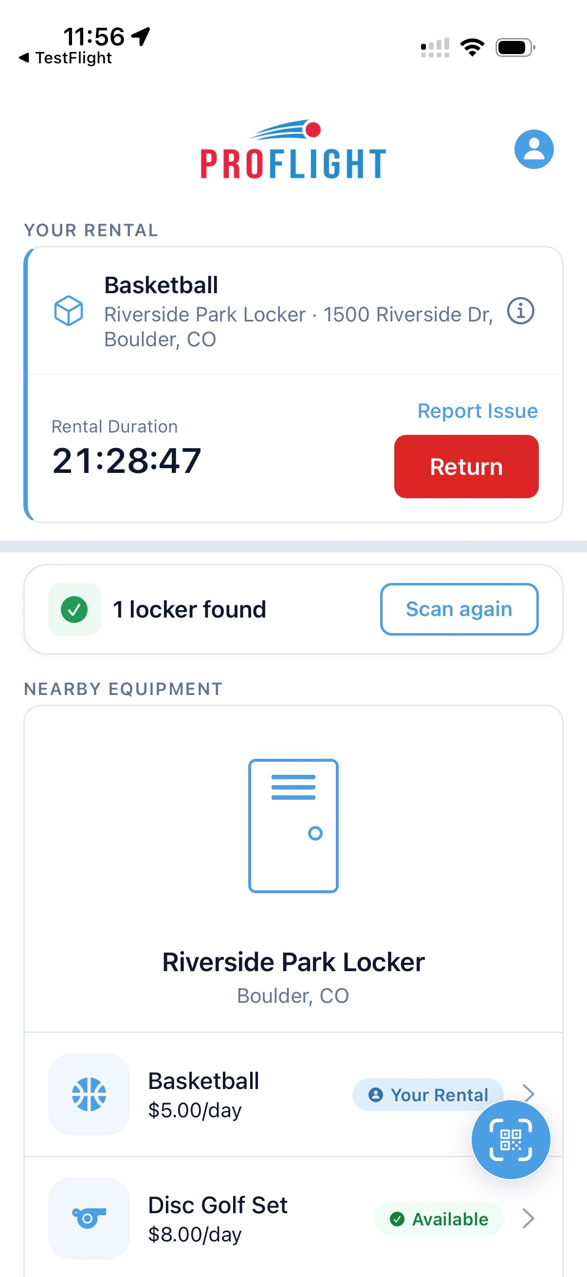 ProFlight app home showing Riverside Park Locker, rental duration, scan again, and nearby equipment