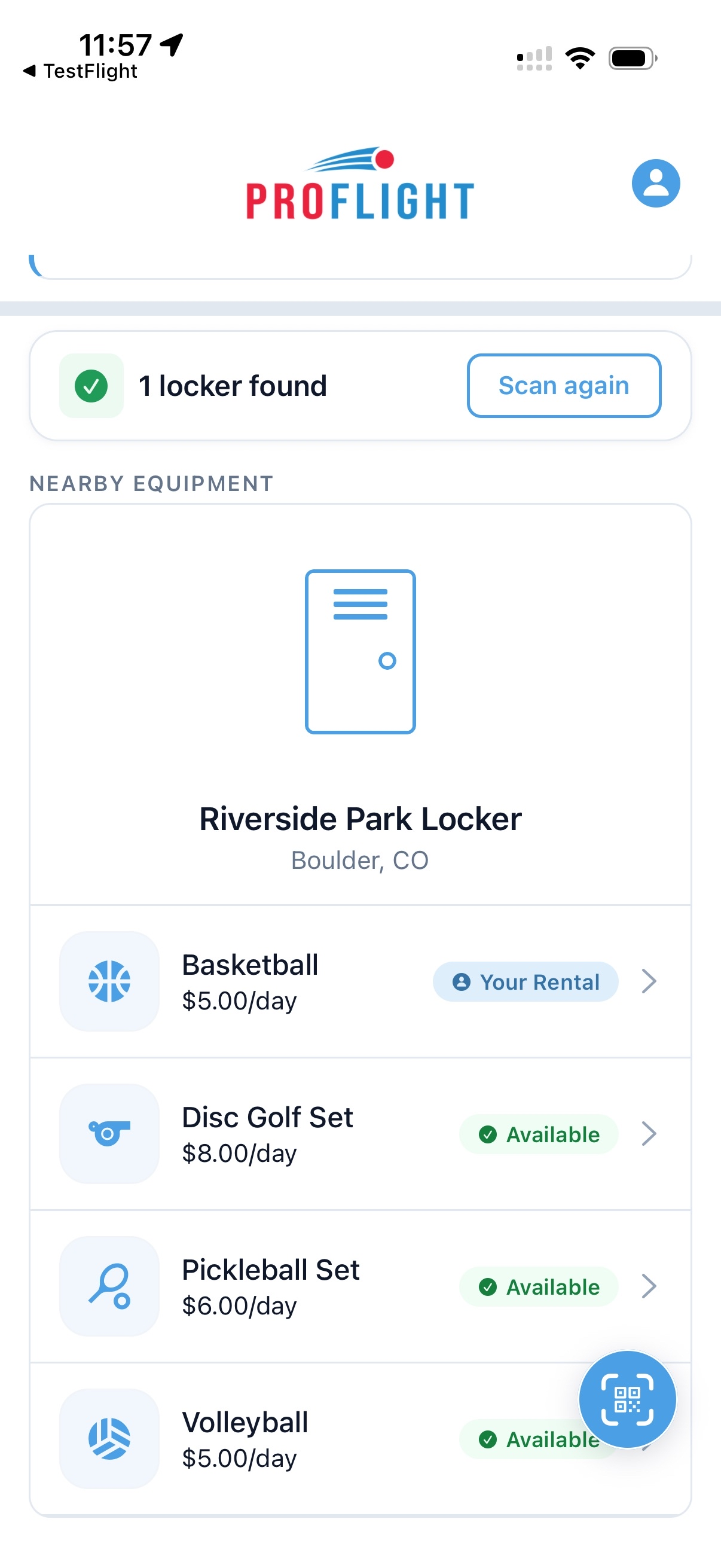ProFlight app gear list showing Riverside Park Locker and available basketball, disc golf, pickleball, and volleyball rentals